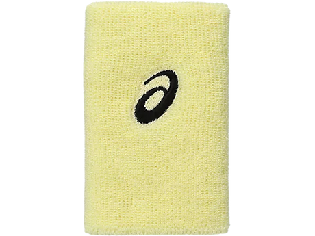 muñequera asics amarilla clara de felpa suave con logo negro bordado