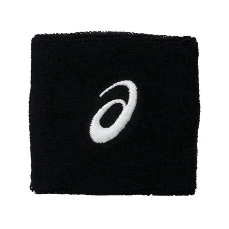 muñequeras asics negras de felpa suave con logo blanco bordado