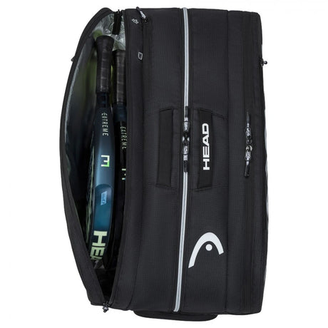 bolsa de padel head negra con compartimentos amplios y detalles en rosa