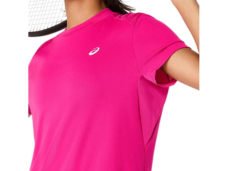 camiseta asics court ss top mujer pink rave con tejido piqué ligero y ventilacion para tenis