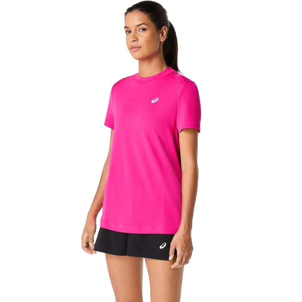 camiseta tenis mujer asics court ss top color pink rave con paneles de malla transpirable