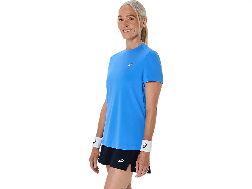 playera deportiva asics azul mujer ligera con ventilación en la espalda
