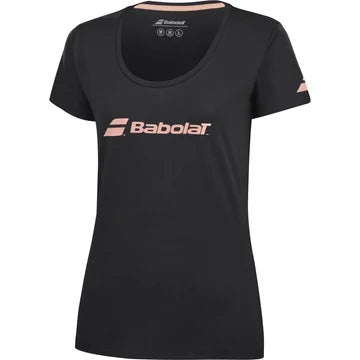 playera negra babolat mujer entallada con cuello redondo y logo rosa