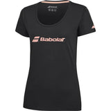 playera negra babolat mujer entallada con cuello redondo y logo rosa
