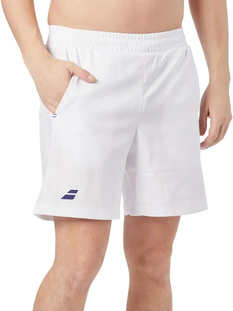 short babolat play hombre blanco con cintura elástica y bolsillos laterales