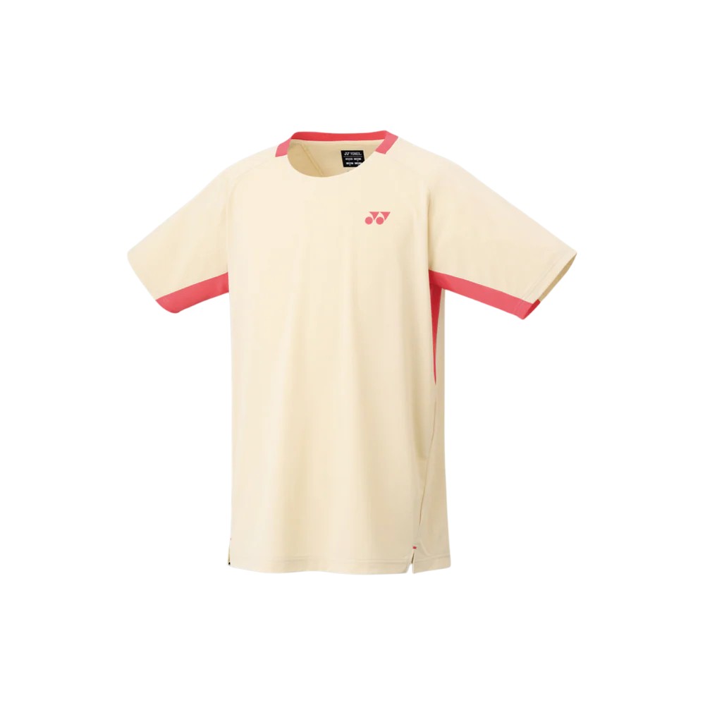 camiseta deportiva yonex color beige con logo rojo en el pecho